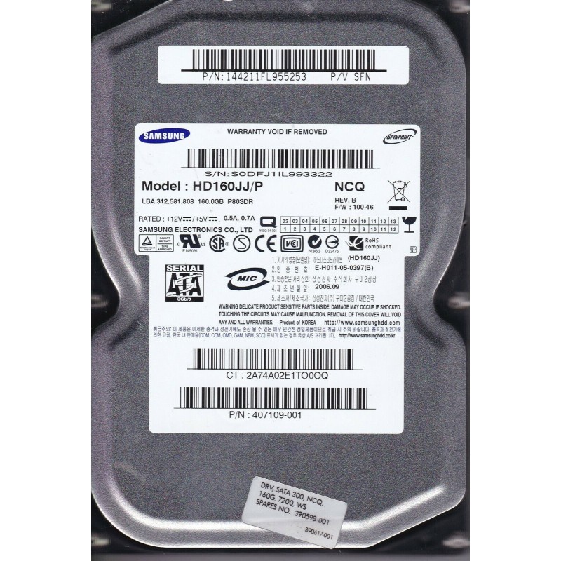HP 380305-002 Samsung HD160JJ 160GB 7.2K 3.5" SATA HDD 1326J1FY903211 100-33 A
