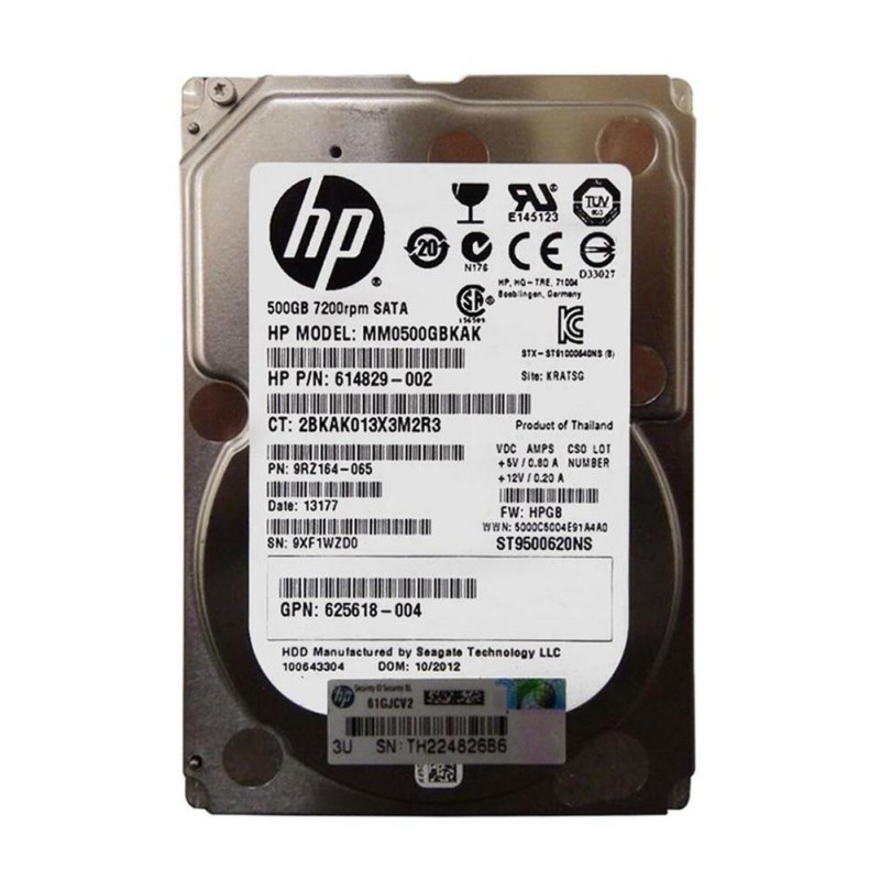 HP 2.5" SATA hard drive, 500GB capacity, 7200 RPM speed, 6Gb/s data transfer rate, 7mm form factor, 32MB cache
